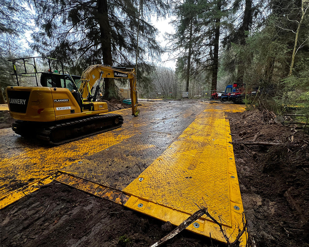Yellow excavator on a wet road with trees and construction equipment in the background